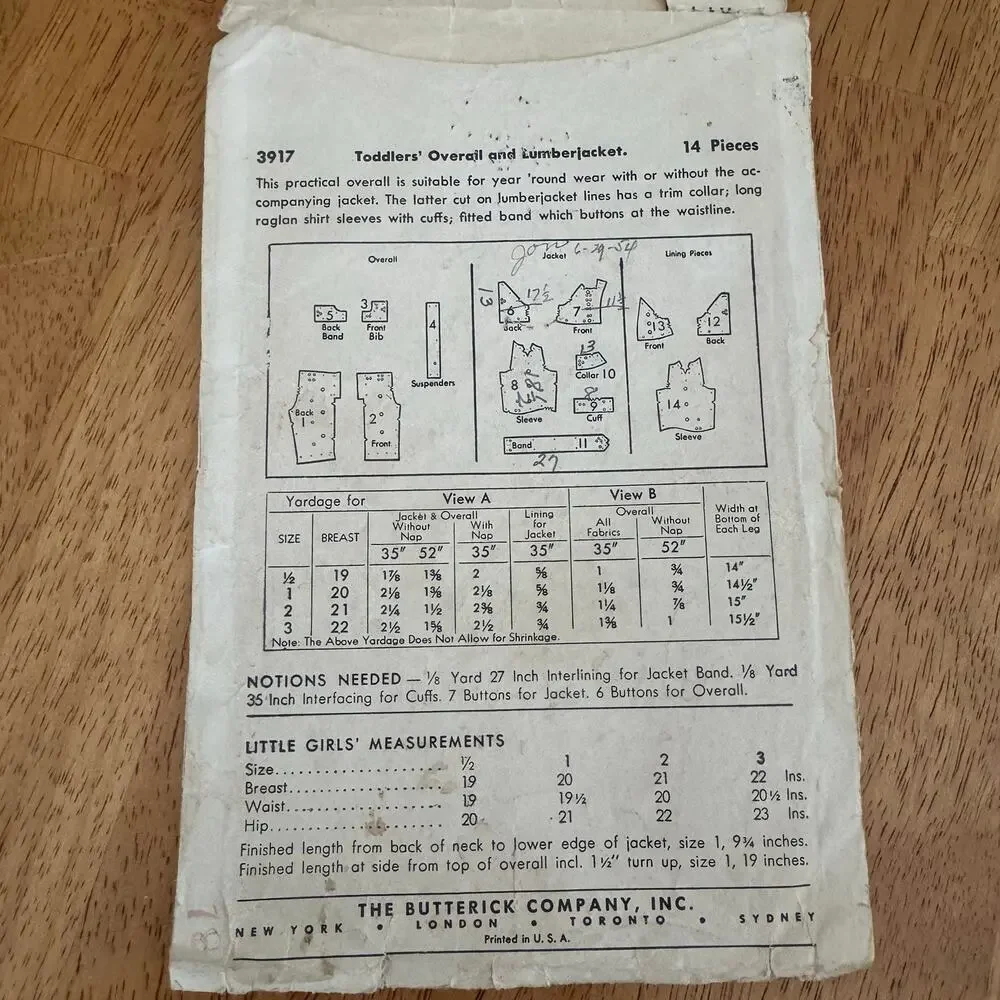 Vintage 1941 Butterick 3917 Toddler Overalls Lumberjacket Sewing Pattern Size 3